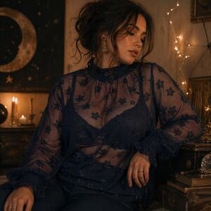 Torrid Sheer Star Chiffon Top Sz 12 Navy Blue Celestial Y2K Coquette Regency